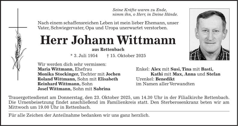 Traueranzeige Wittmann Johann