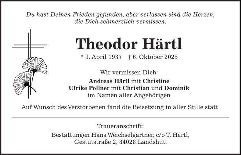 Traueranzeige Theodor Härtl