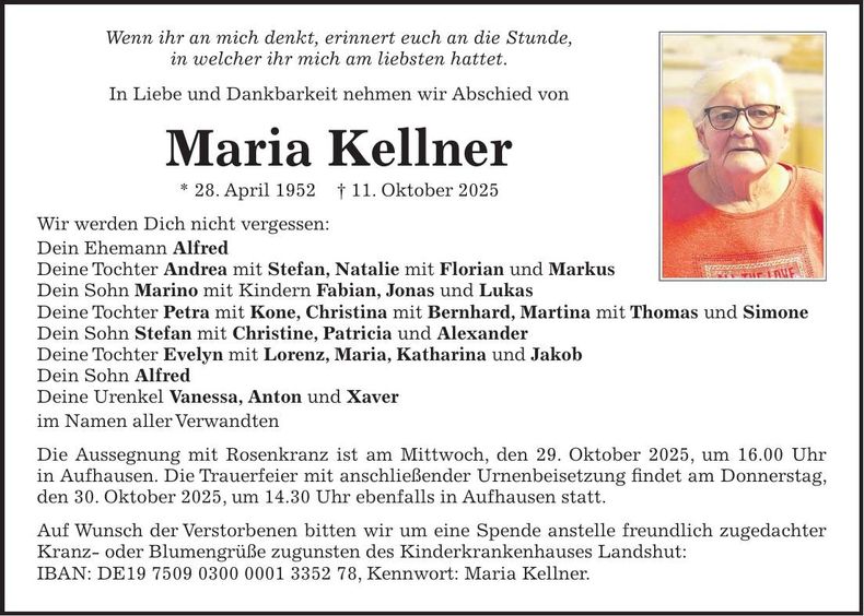 Traueranzeige Maria Kellner