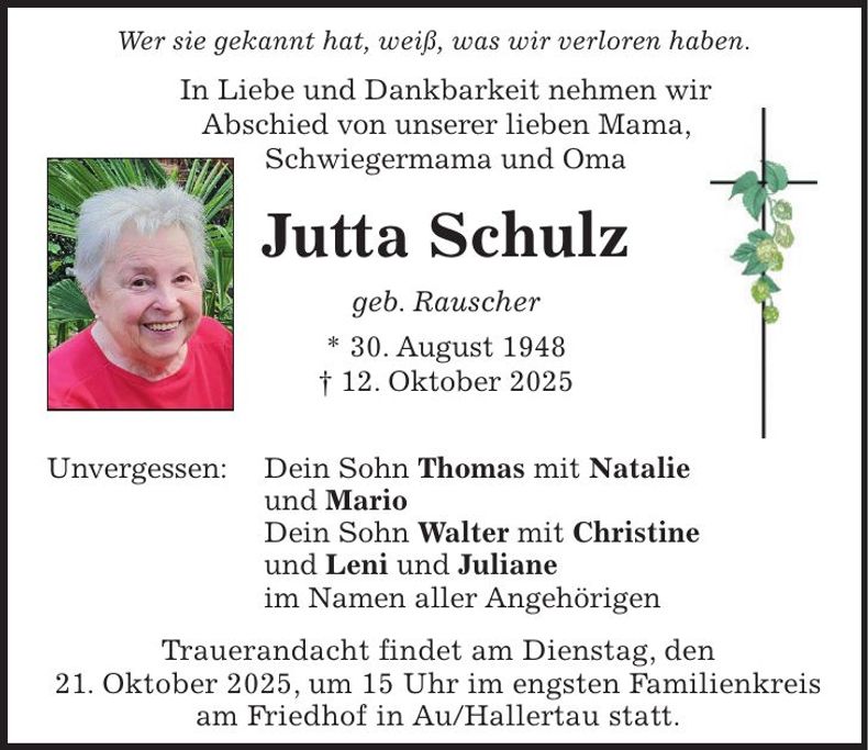 Traueranzeige Jutta Schulz