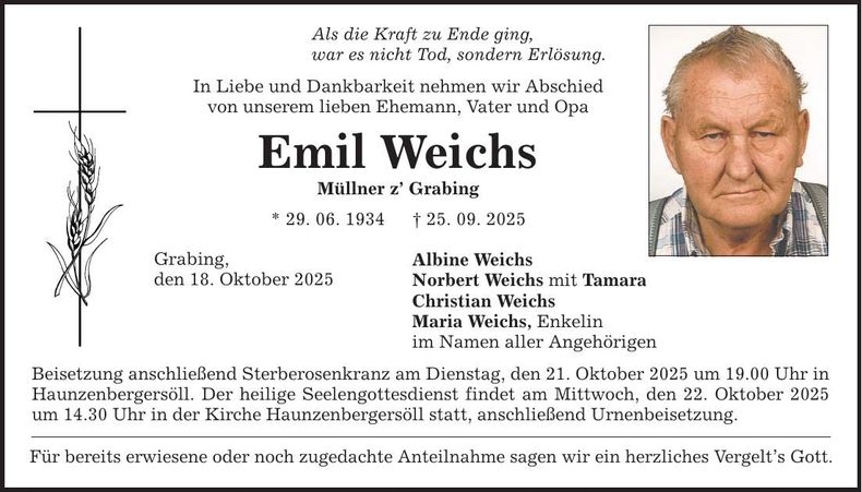 Traueranzeige Emil Weichs