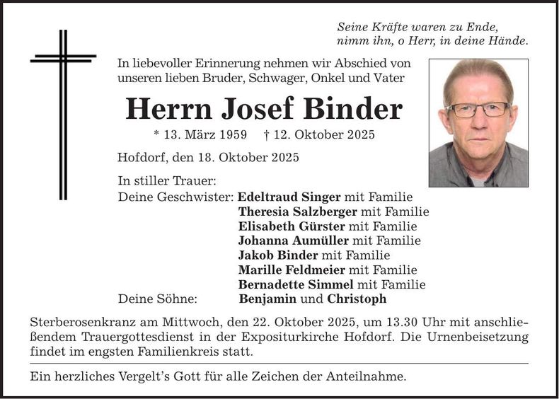 Traueranzeige Josef Binder