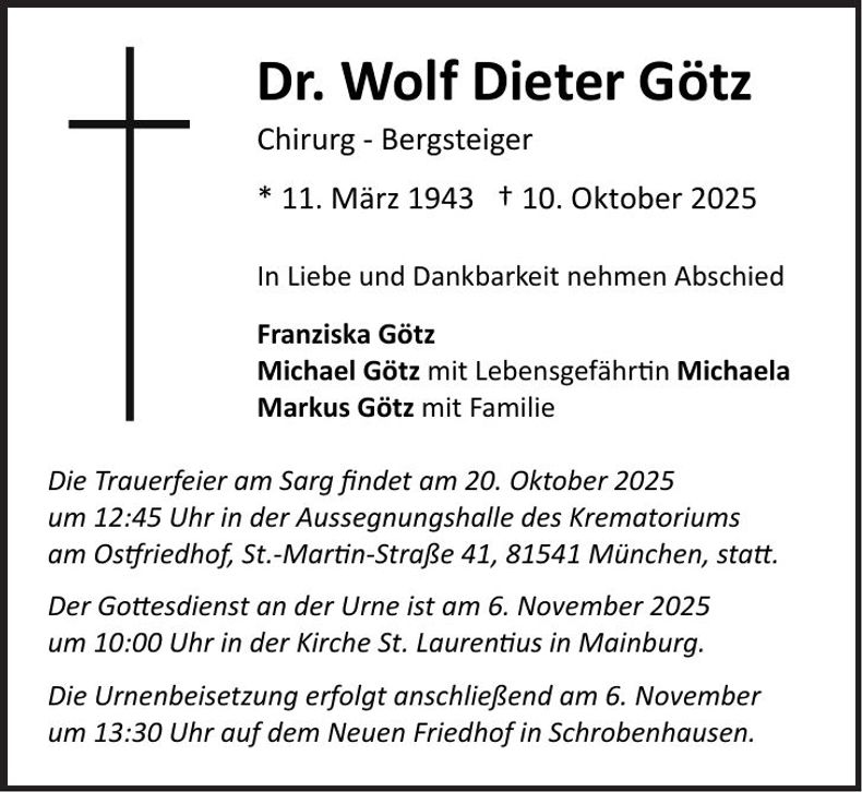Traueranzeige Dr. Wolf Dieter Götz