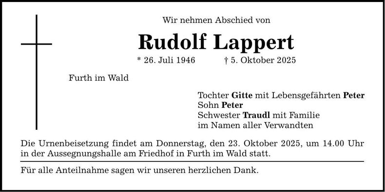 Traueranzeige Rudolf Lappert