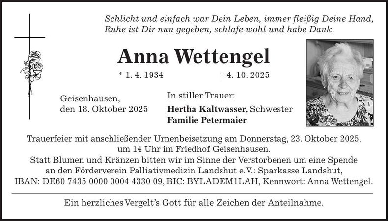 Traueranzeige Anna Wettengel