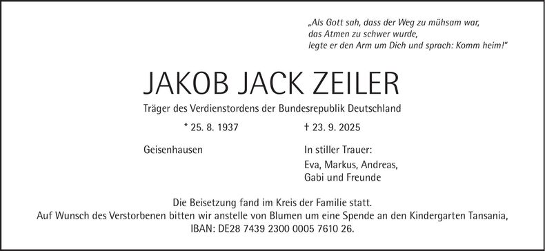 Traueranzeige Jakob Jack Zeiler