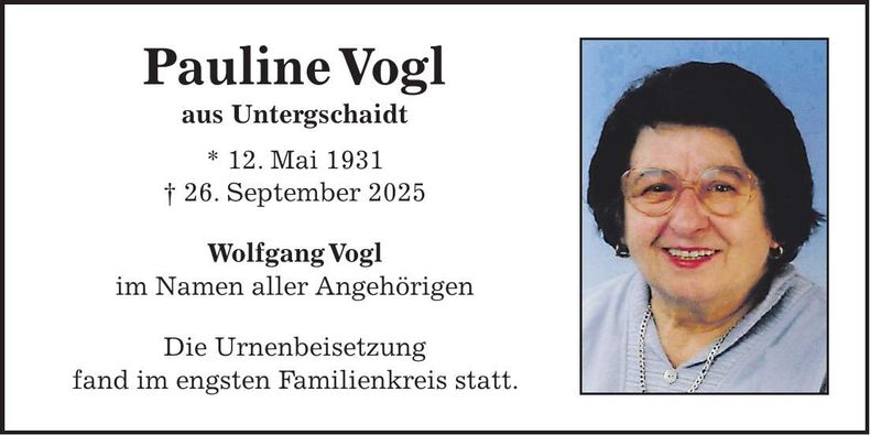 Traueranzeige Pauline Vogl