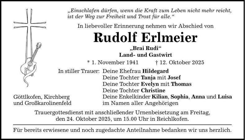 Traueranzeige Rudolf Erlmeier