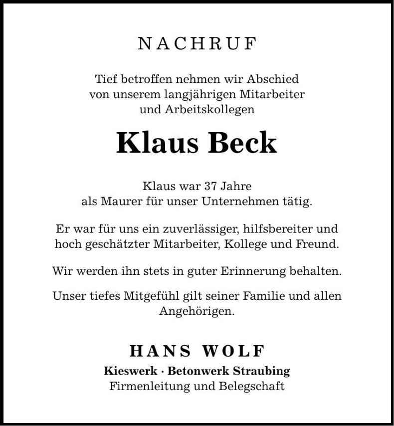 Traueranzeige Klaus Beck