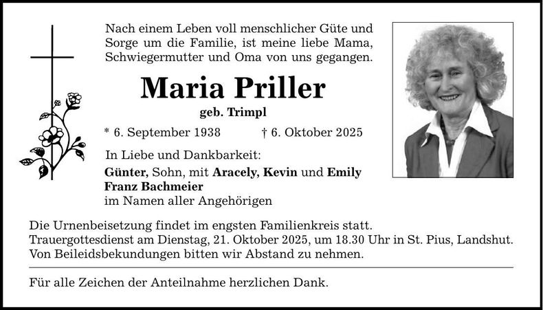 Traueranzeige Maria Priller