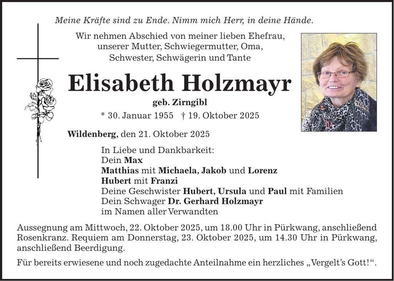 Traueranzeige Elisabeth Holzmayr