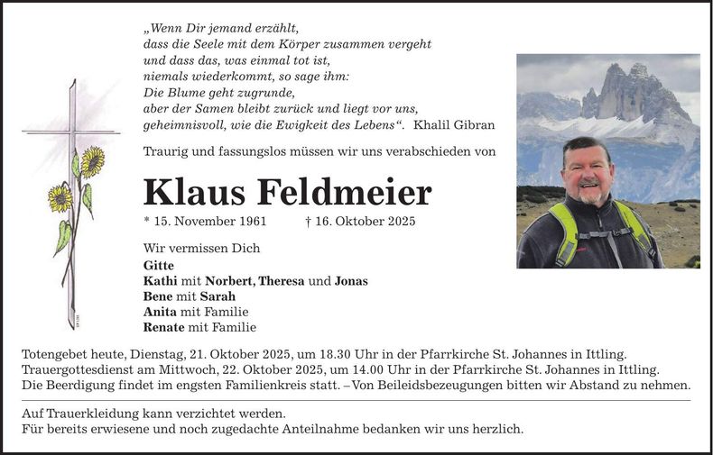 Traueranzeige Klaus Feldmeier