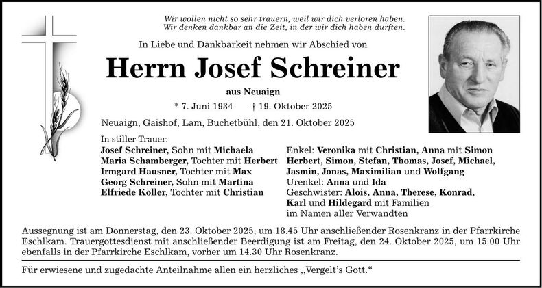 Traueranzeige Josef Schreiner