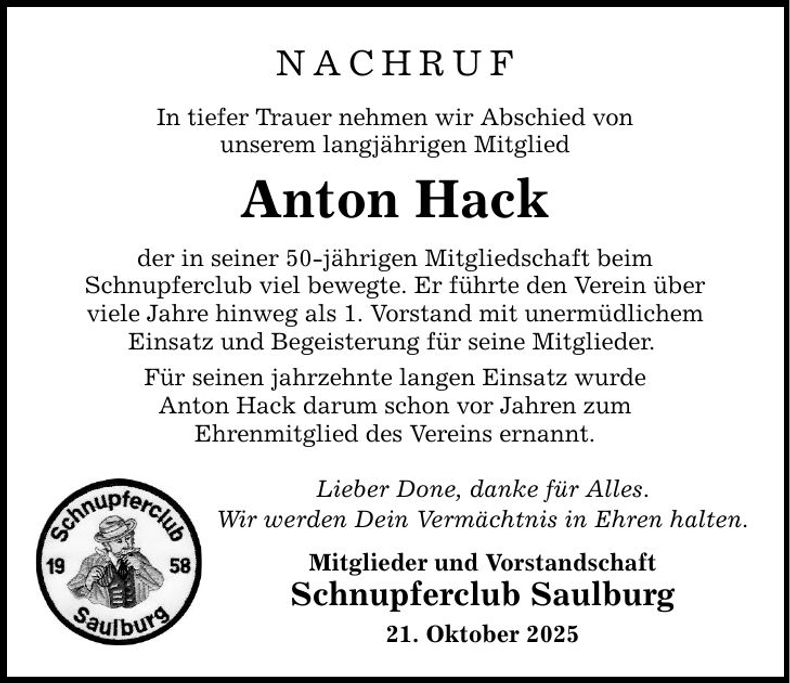 Traueranzeige Anton Hack