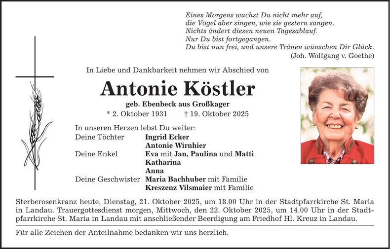 Traueranzeige Antonie Köstler