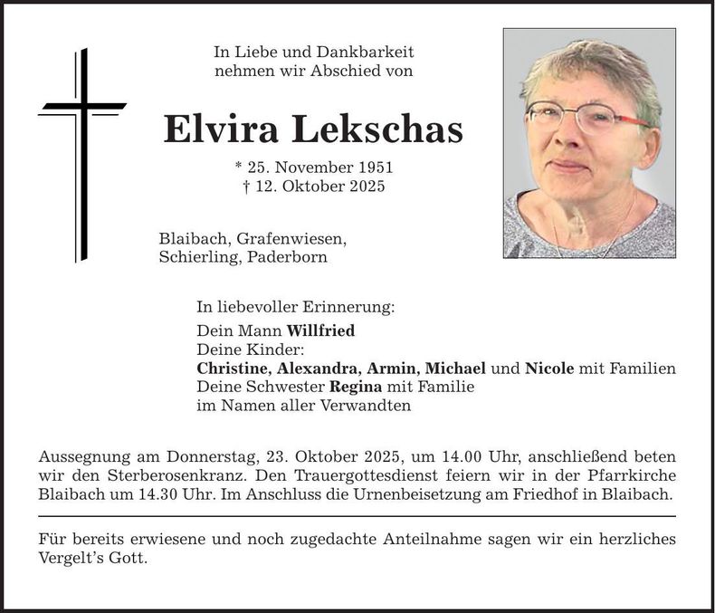 Traueranzeige Elvira Lekschas