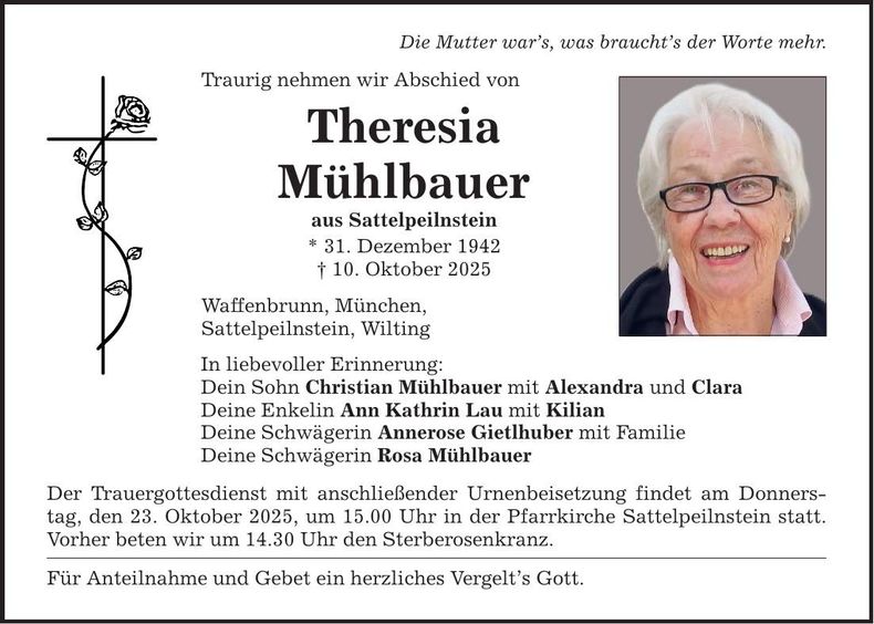 Traueranzeige Theresia Mühlbauer