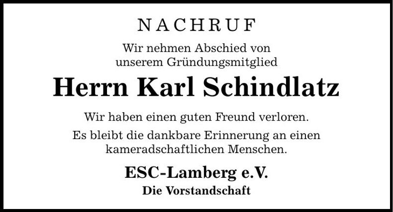 Traueranzeige Karl Schindlatz