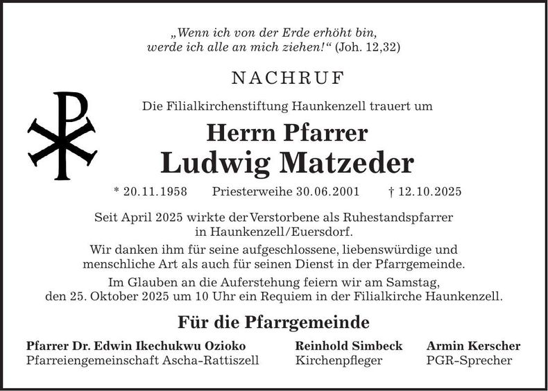 Traueranzeige Ludwig Matzeder