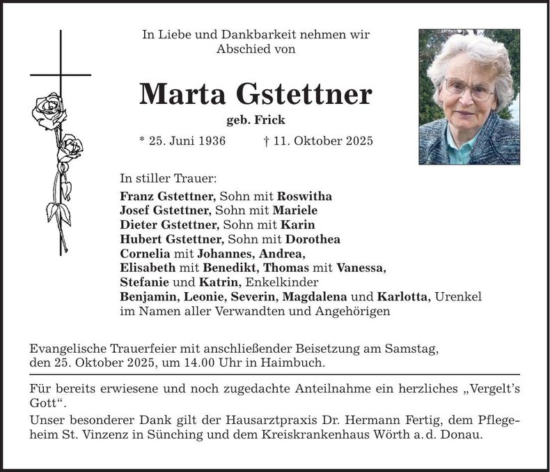 Traueranzeige Marta Gstettner