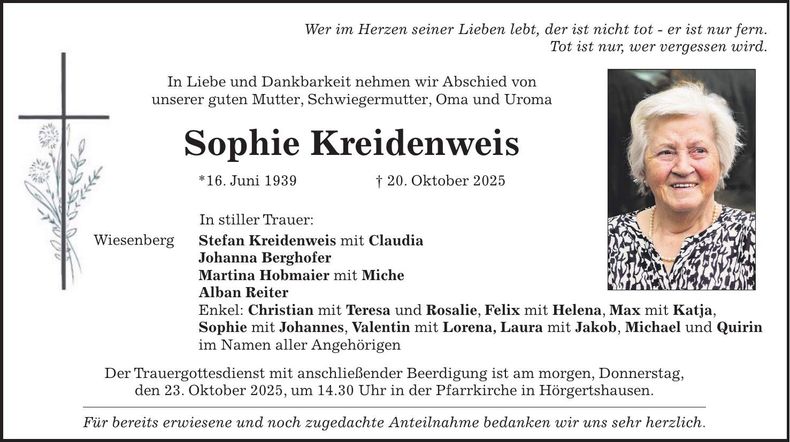 Traueranzeige Sophie Kreidenweis