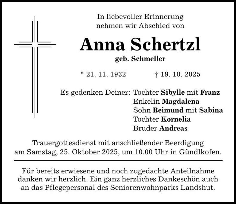 Traueranzeige Anna Schertzl