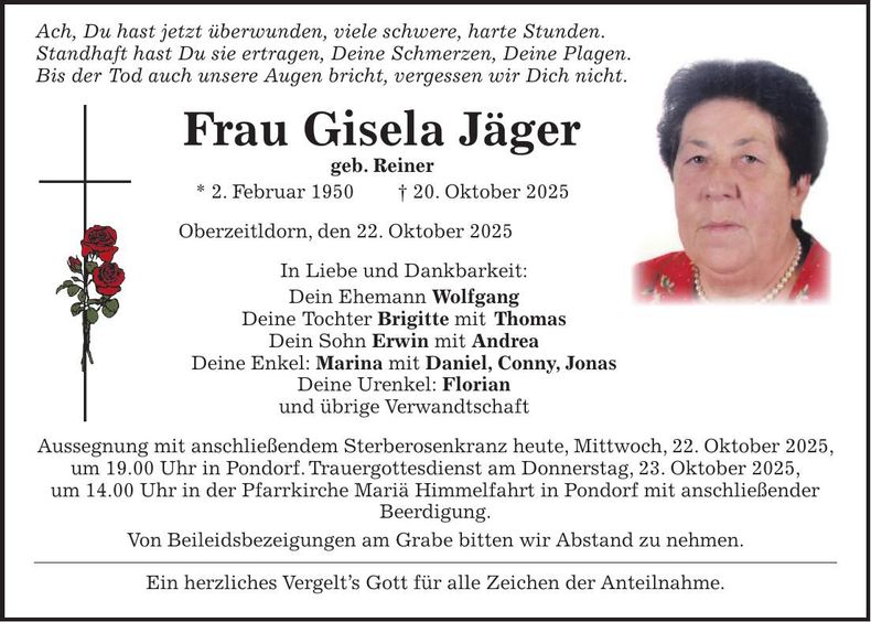 Traueranzeige Gisela Jäger
