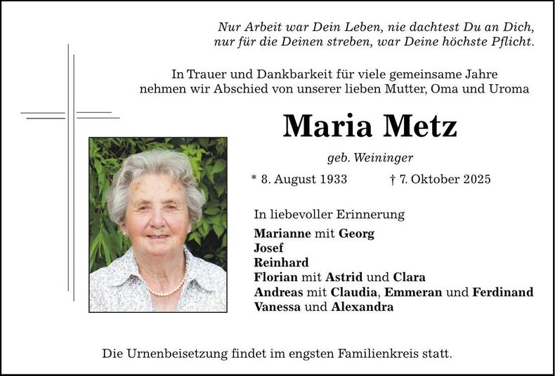 Traueranzeige Maria Metz