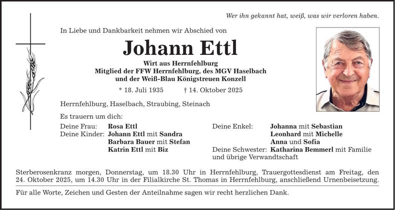 Traueranzeige Johann Ettl