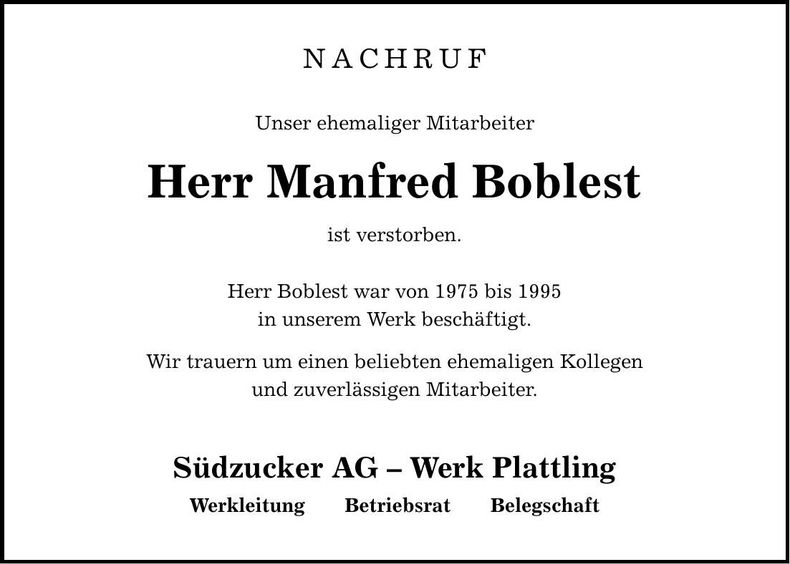 Traueranzeige Manfred Boblest