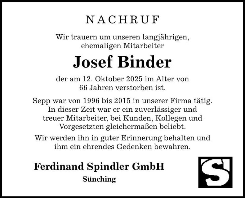 Traueranzeige Josef Binder