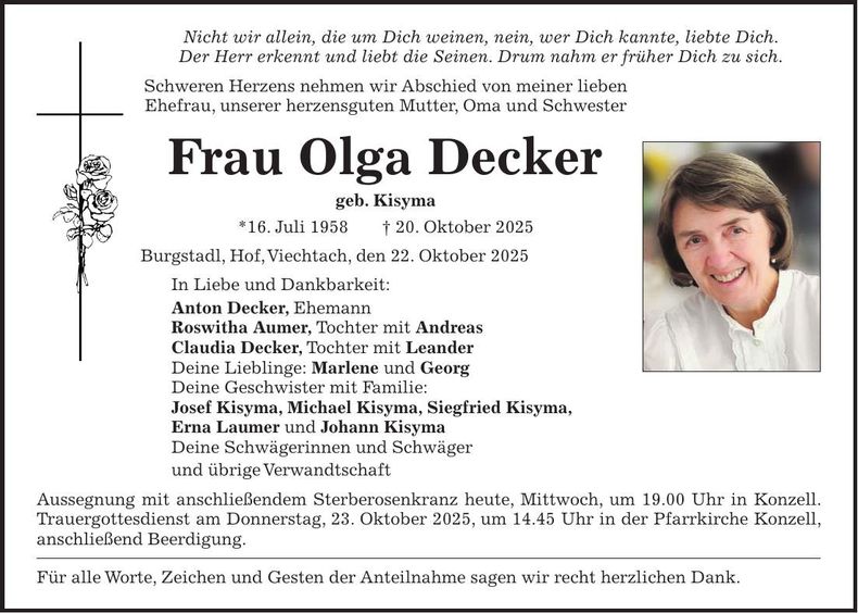 Traueranzeige Olga Decker