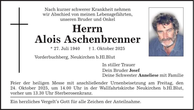 Traueranzeige Alois Aschenbrenner