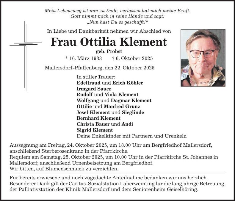 Traueranzeige Ottilia Klement