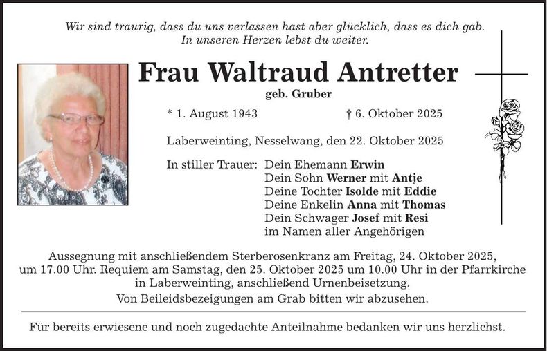 Traueranzeige Waltraud Antretter