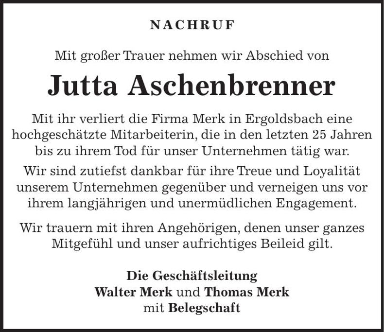 Traueranzeige Jutta Aschenbrenner