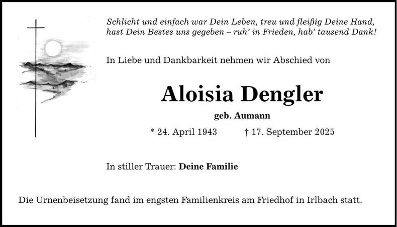 Traueranzeige Aloisia Dengler