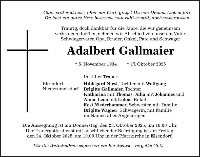 Traueranzeige Gallmaier Adalbert