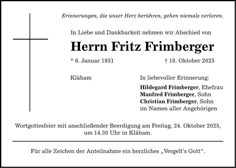 Traueranzeige Fritz Frimberger