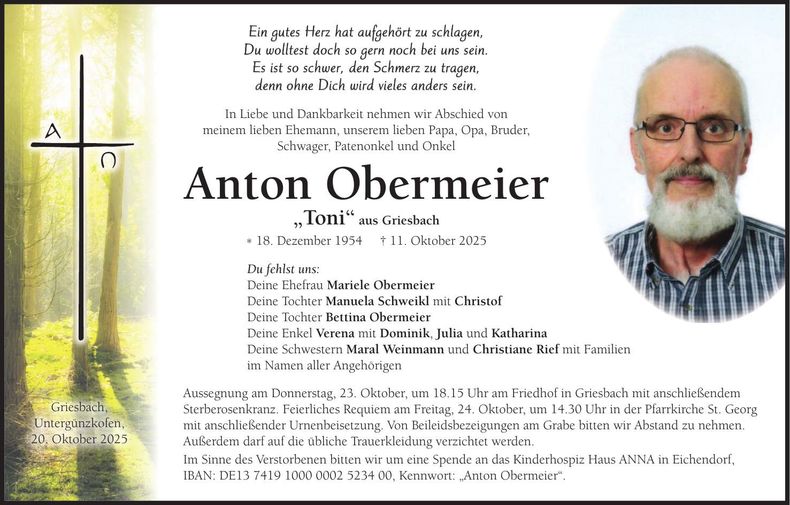 Traueranzeige Anton Obermeier