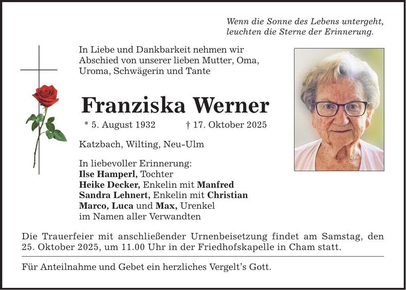 Traueranzeige Franziska Werner