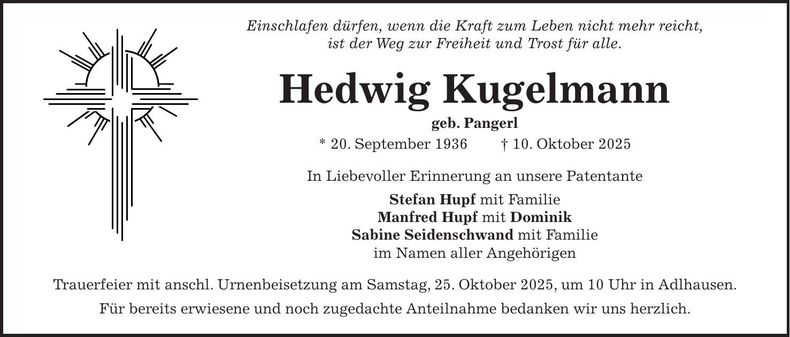 Traueranzeige Hedwig Kugelmann