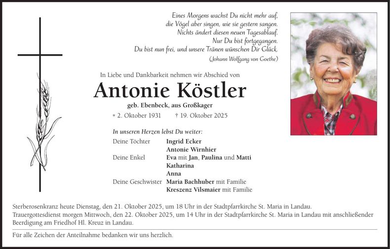 Traueranzeige Antonie Köstler