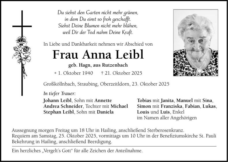Traueranzeige Anna Leibl