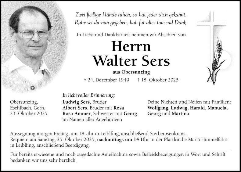 Traueranzeige Walter Sers