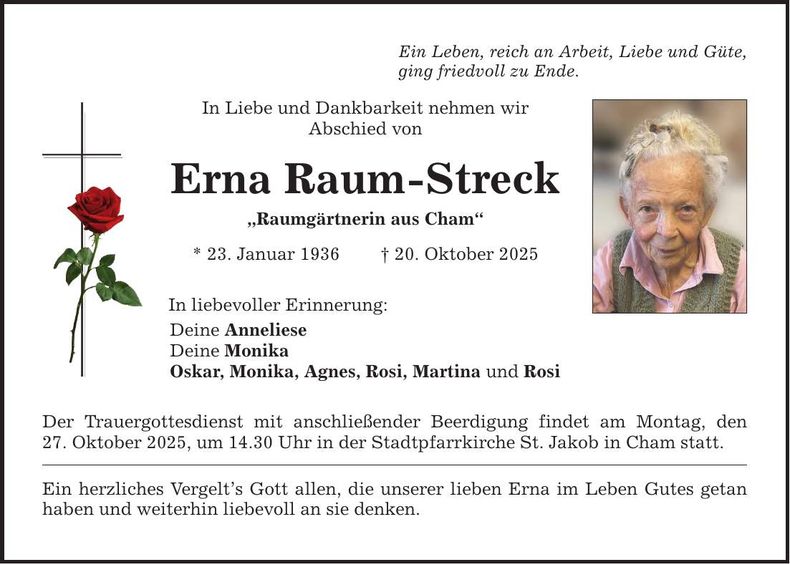 Traueranzeige Erna Raum-Streck