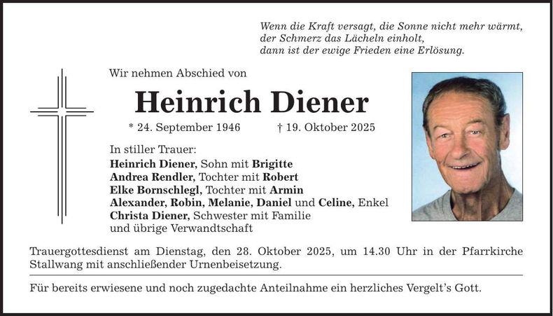 Traueranzeige Heinrich Diener