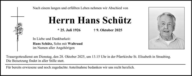 Traueranzeige Hans Schütz
