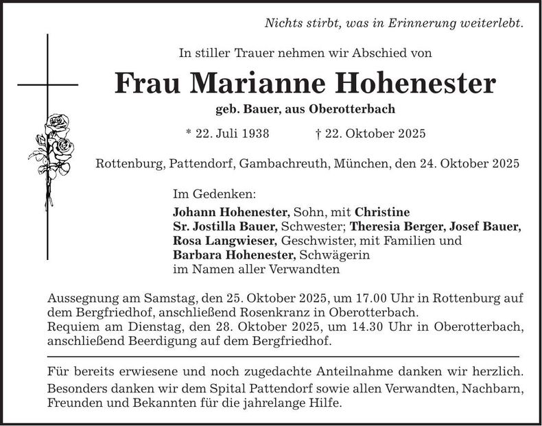 Traueranzeige Marianne Hohenester