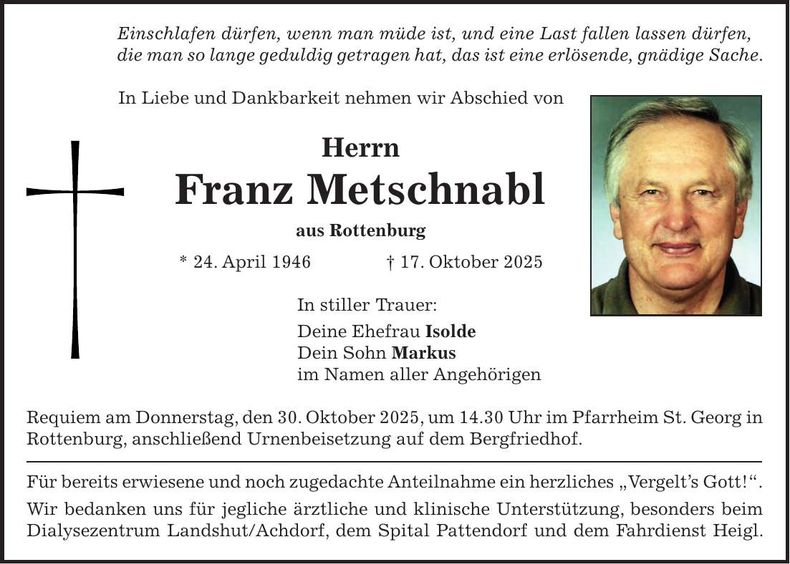 Traueranzeige Franz Metschnabl